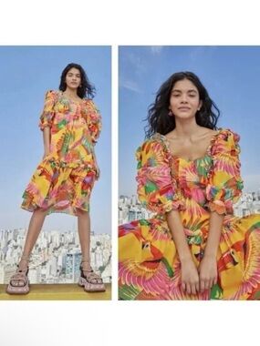 Farm Rio Tropical Toucan Puff Sleeve Sundress - Yellow & Pink